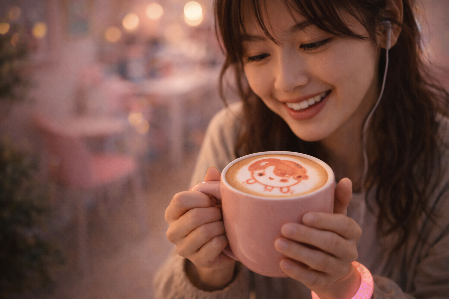 Close-up of a smiling face with a themed latte in a cozy café.