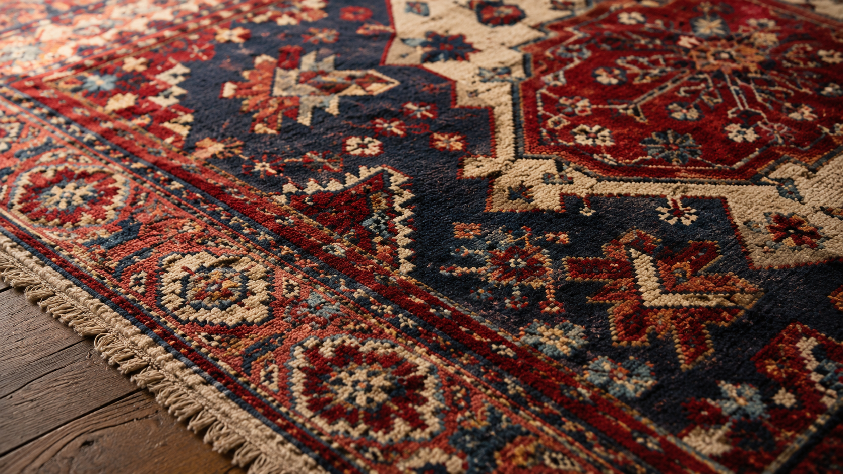 Close-up of handmade Turkish carpet texture with natural dyes and symbolic motifs