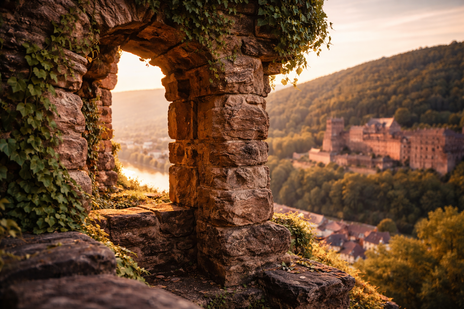 Red sandstone ruin detail at Heidelberg Castle with valley blur beyond.