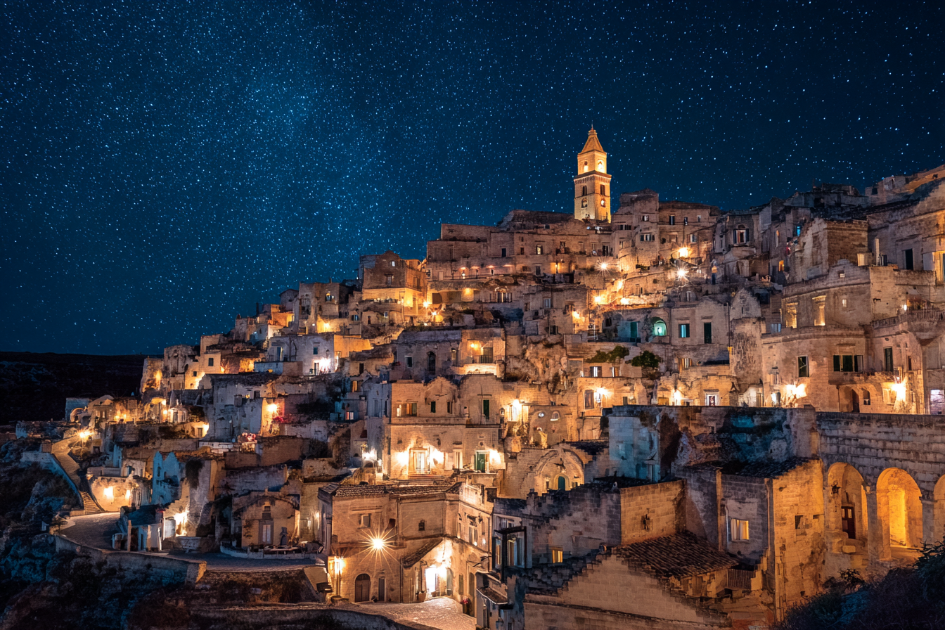 The illuminated Sassi di Matera cave dwellings at night, a UNESCO World Heritage site in Southern Italy.