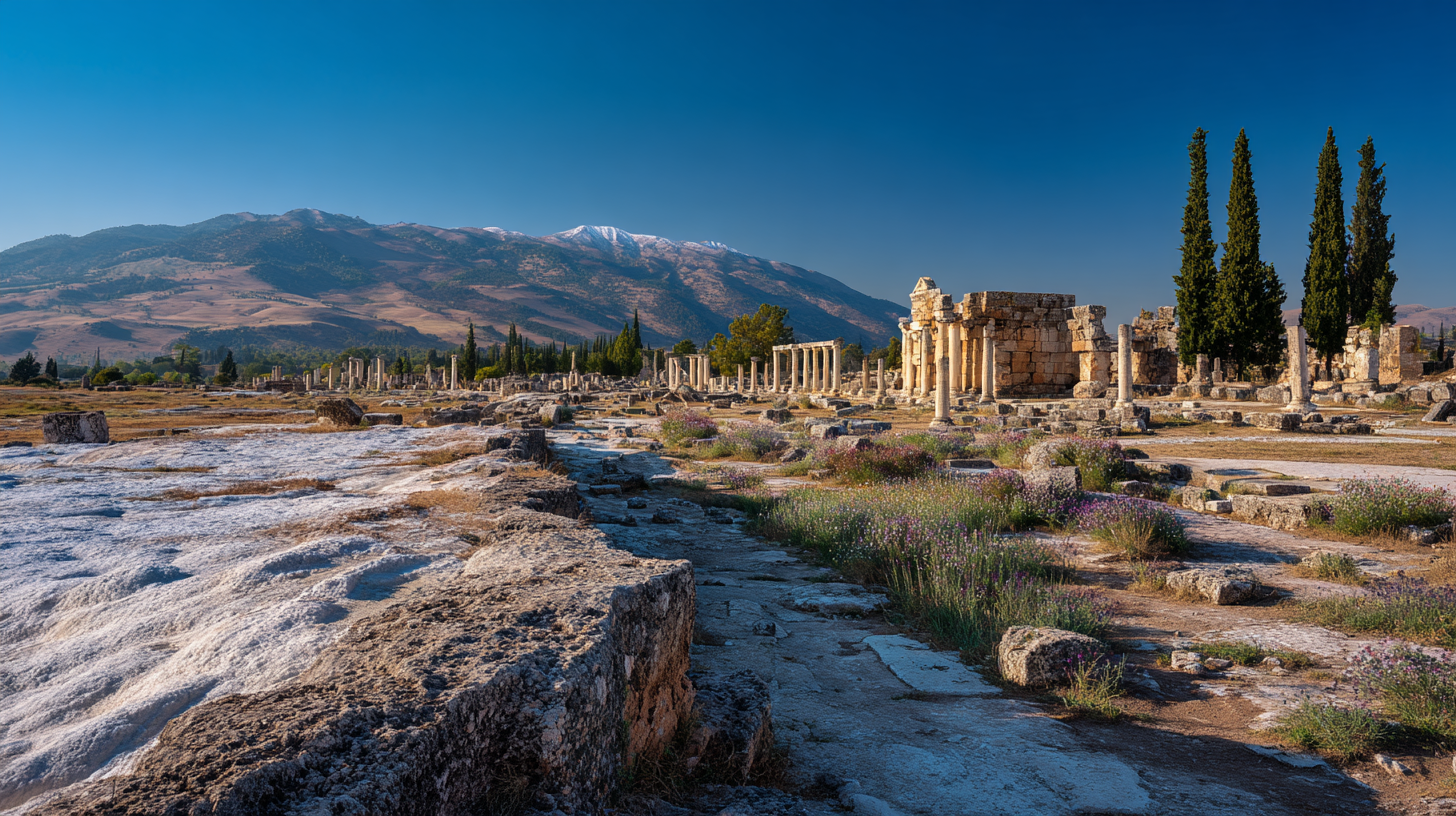 Natural wonders of Turkey: Ancient Hierapolis ruins beside the white terraces of Pamukkale