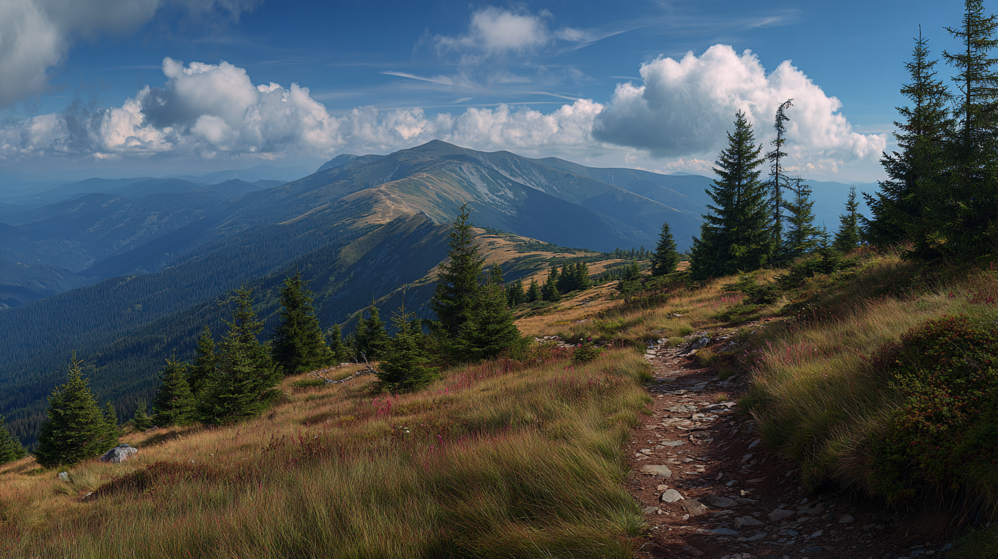 Carpathian hiking trail moving from dark forest into open alpine meadow.