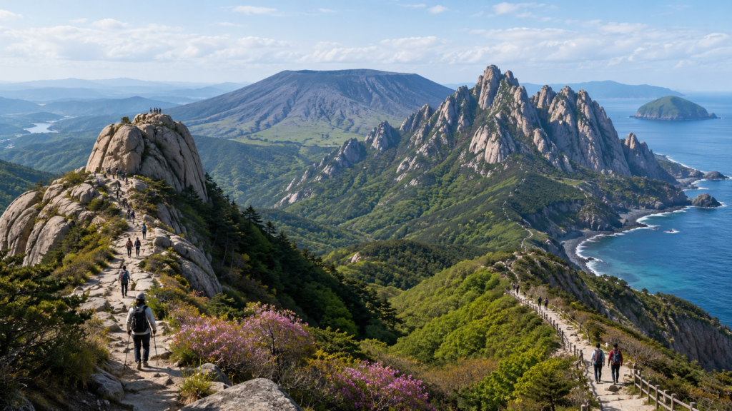 Hiking in South Korea across granite mountains volcanic trails and coastal paths