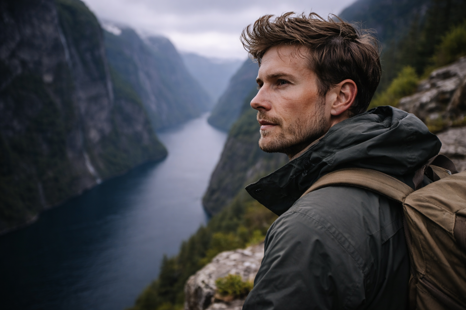 Hiker at a fjord viewpoint after the climb with deep water blurred behind.