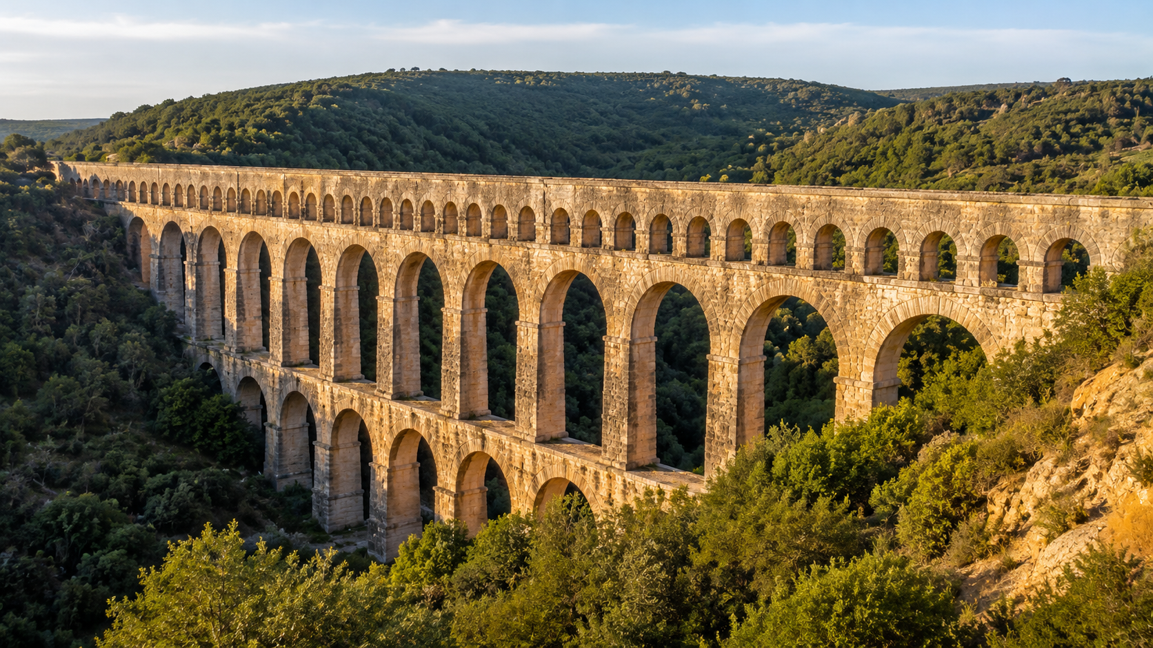 Historic stone aqueduct in Turkey with repeating arches across a green valley