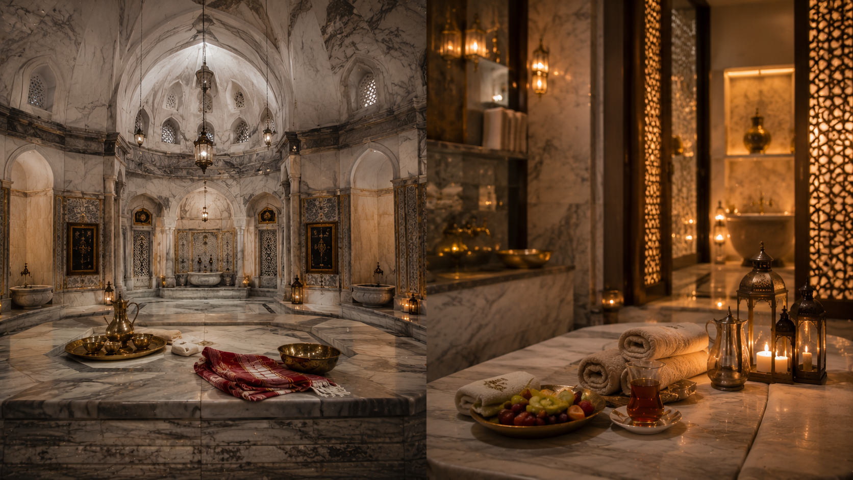 Historic Ottoman hamam and modern luxury hamam details shown together