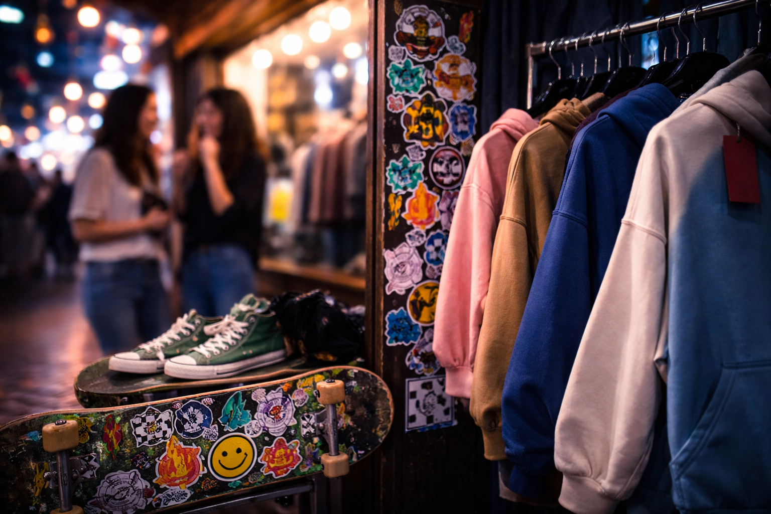 Hongdae indie boutique vibe with streetwear textures and city glow.