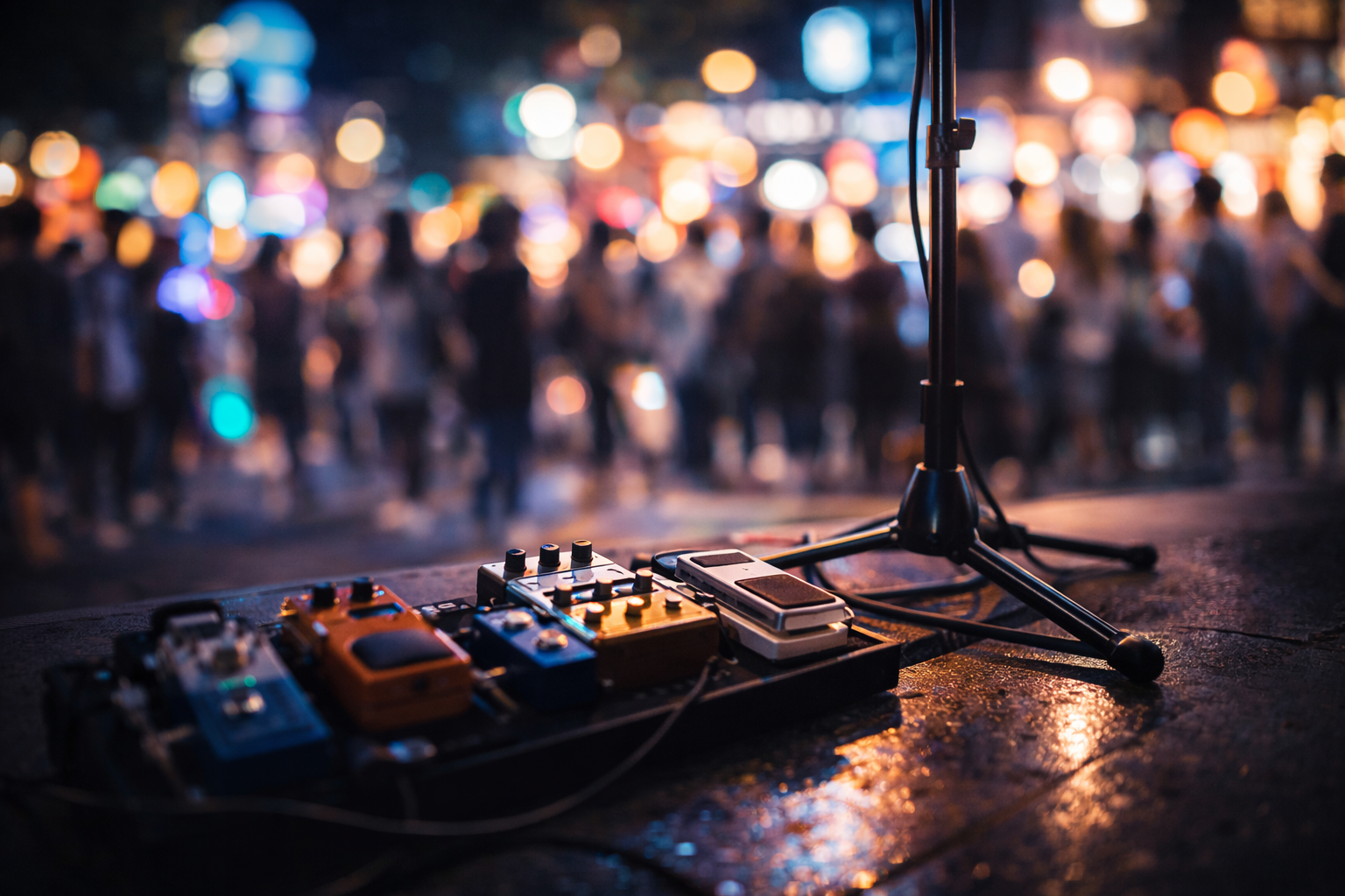 Seoul nightlife in Hongdae with street music and neon lights