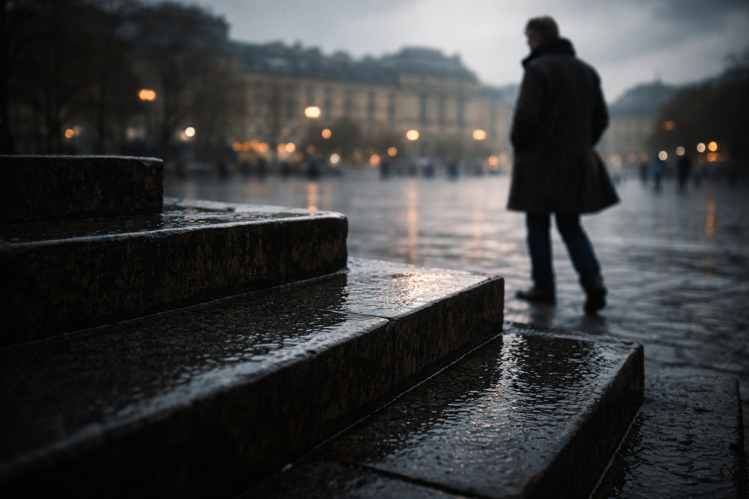 Rainy stone steps leading into a Paris square with a solitary walker.