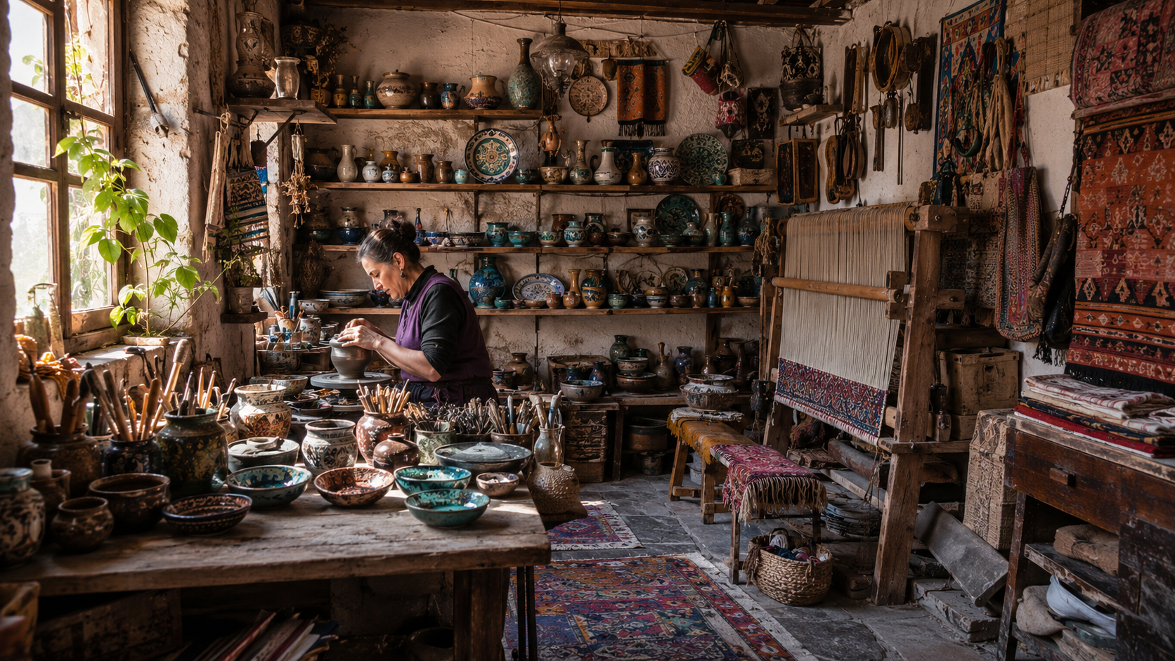Anatolian craft workshop with handmade ceramics, woven textiles, tools, and an artisan