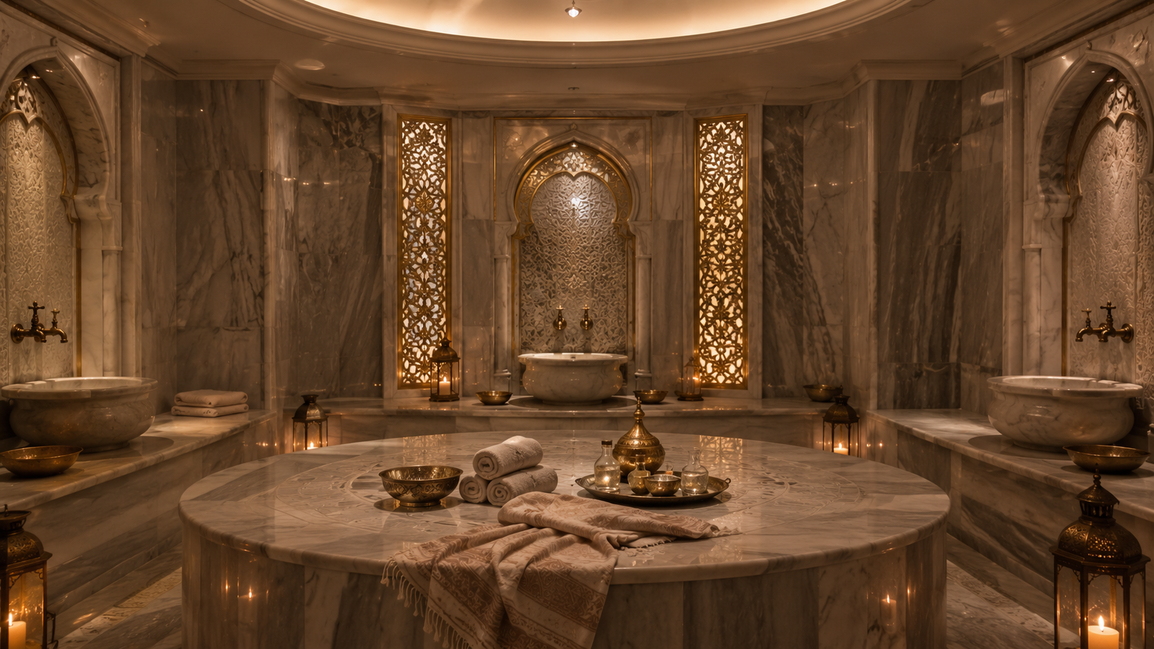 Modern Istanbul hamam spa with Ottoman-inspired marble, warm lighting, and brass bowls