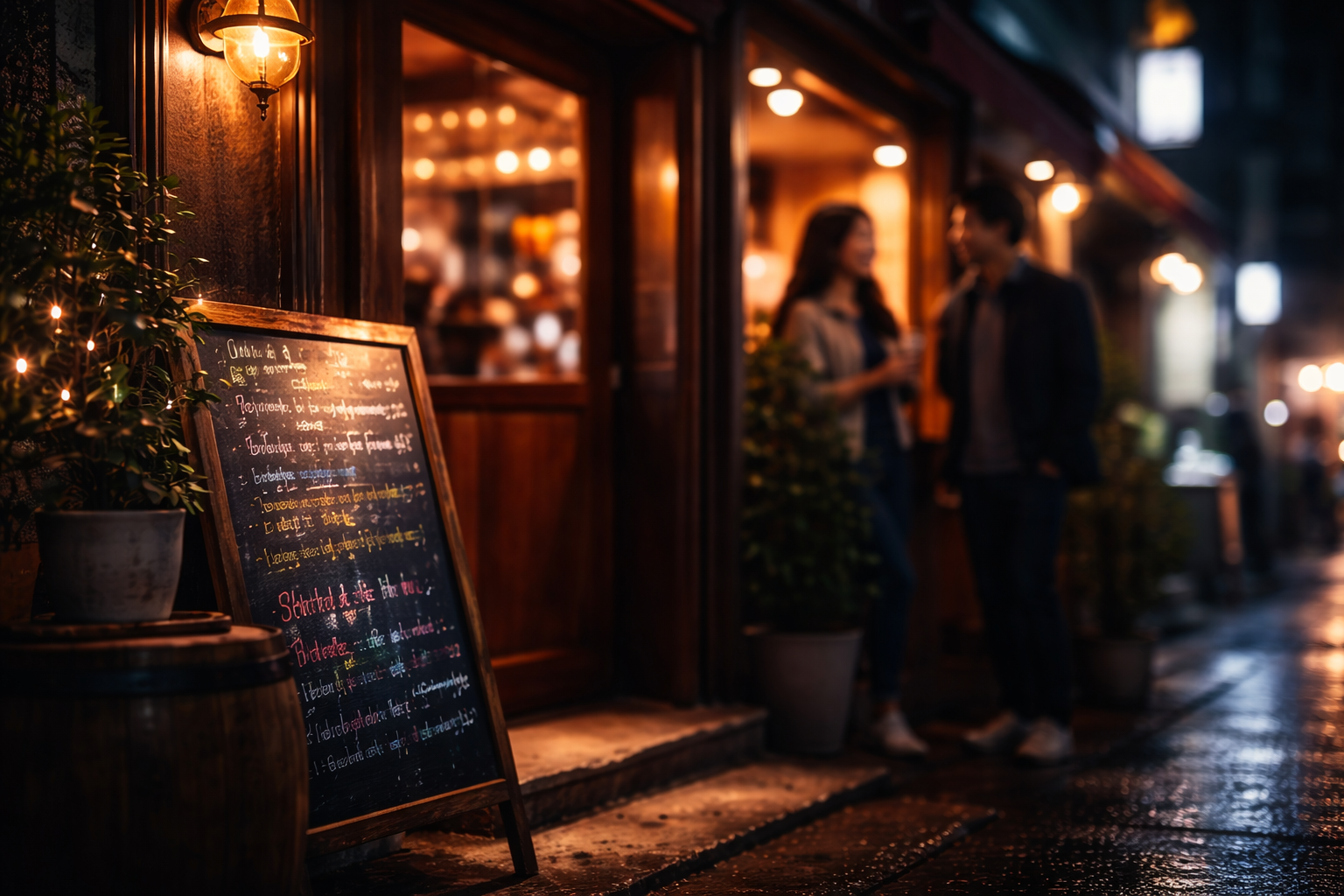 Warm-lit bar entrance in Itaewon at night.