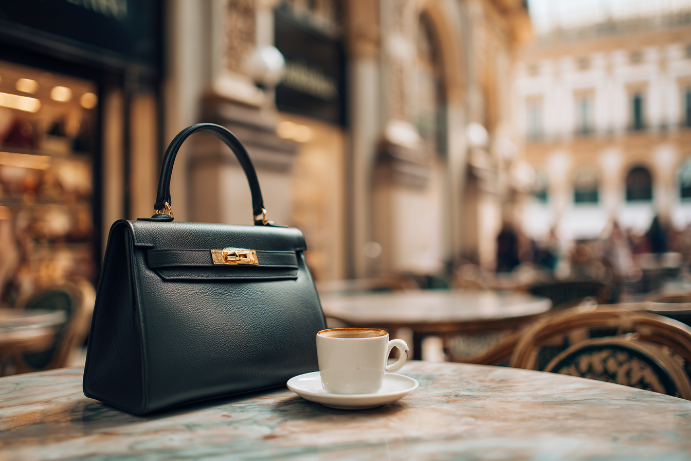 Italy Fashion Shopping Guide: A luxury leather handbag and espresso on a table, symbolizing the Italy fashion shopping experience.