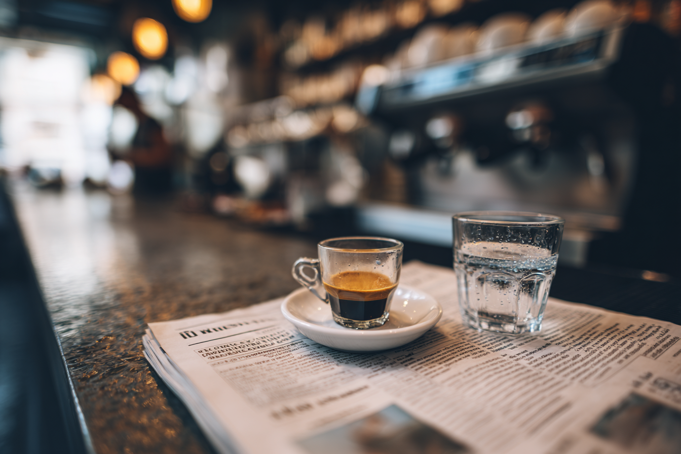 A classic Italian espresso cup at a standing coffee bar, illustrating Italian coffee culture.
