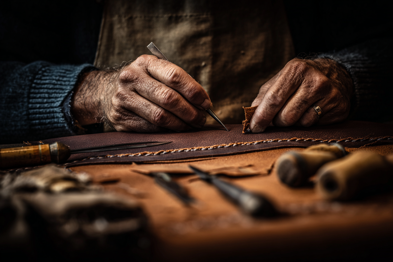 An Italian artisan crafting a leather bag by hand, showcasing traditional craftsmanship.