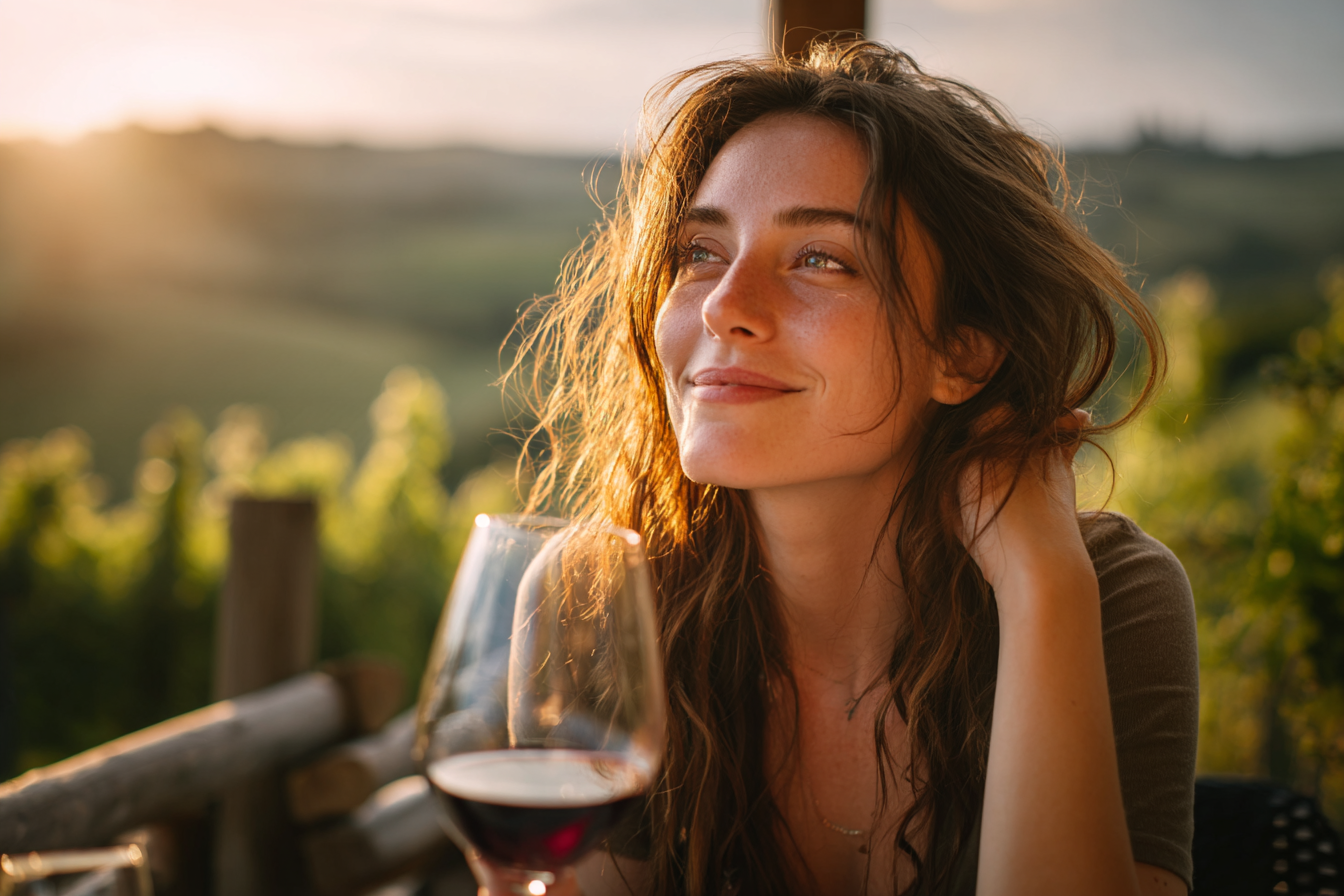 A woman enjoying a glass of red wine during a vineyard tasting experience in Italy, capturing the essence of slow travel.