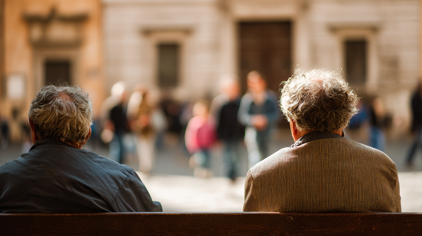 Close-up of older Italians sitting on a bench in a sunny piazza.