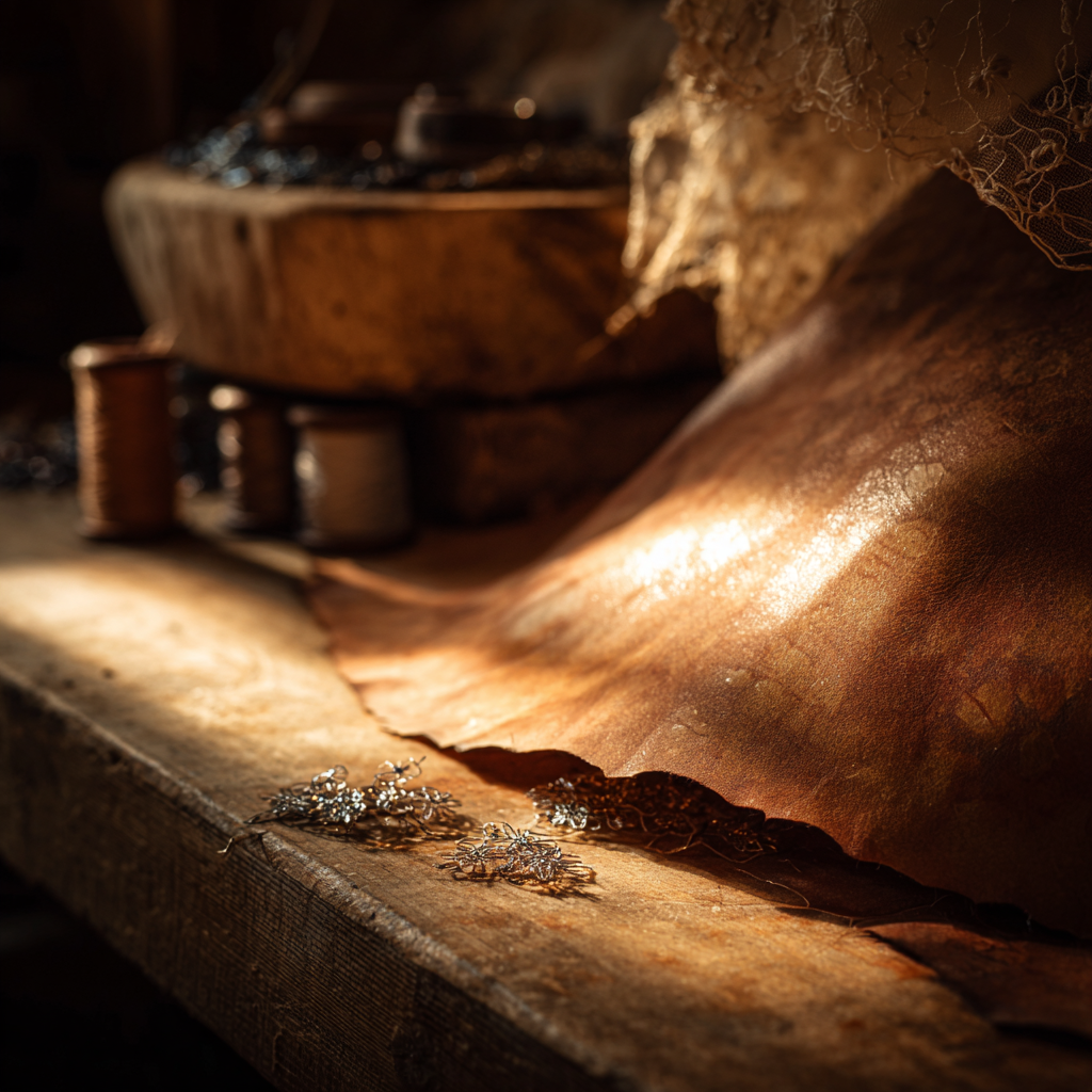 Close-up of Italian craft materials glowing in warm workshop light.