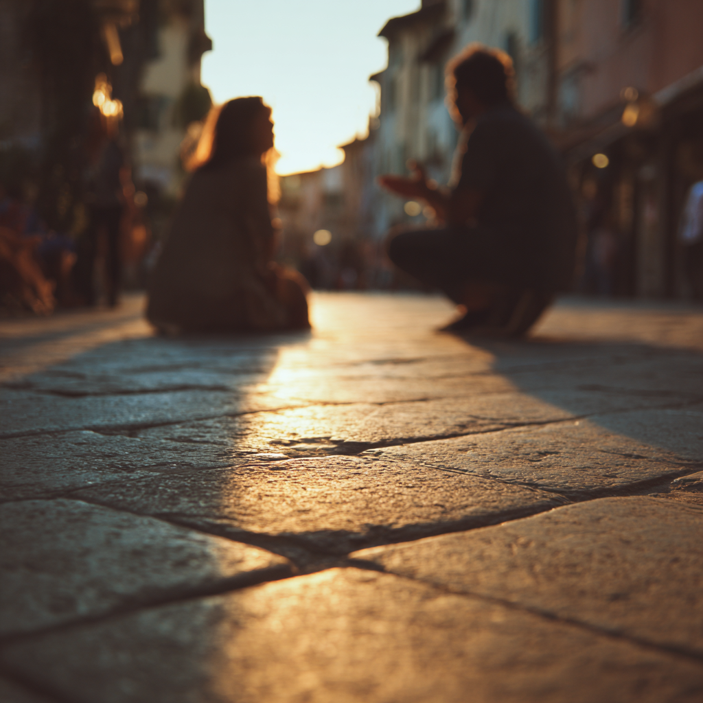 Warm Italian piazza scene with blurred figures mid-conversation.