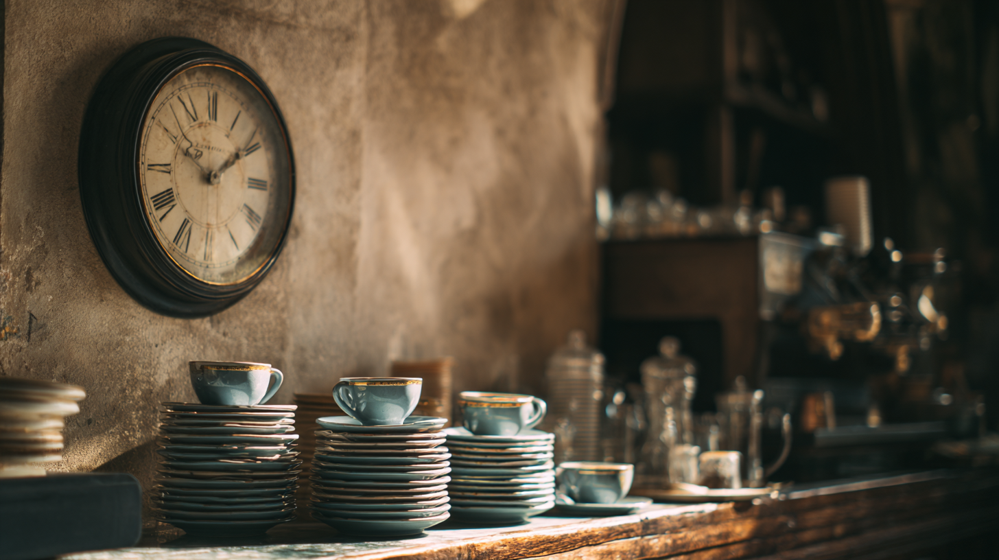 Close-up of a wall clock and quiet Italian bar counter.