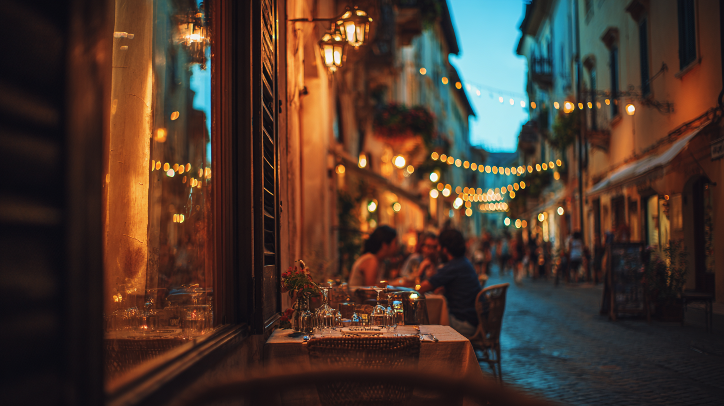 Italian wellness: a quiet Italian piazza at sunset with people relaxing outdoors