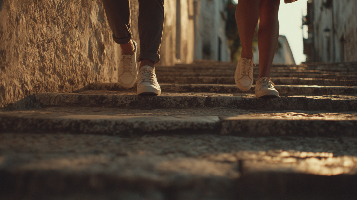 Close-up of people walking up stone steps in an Italian town.