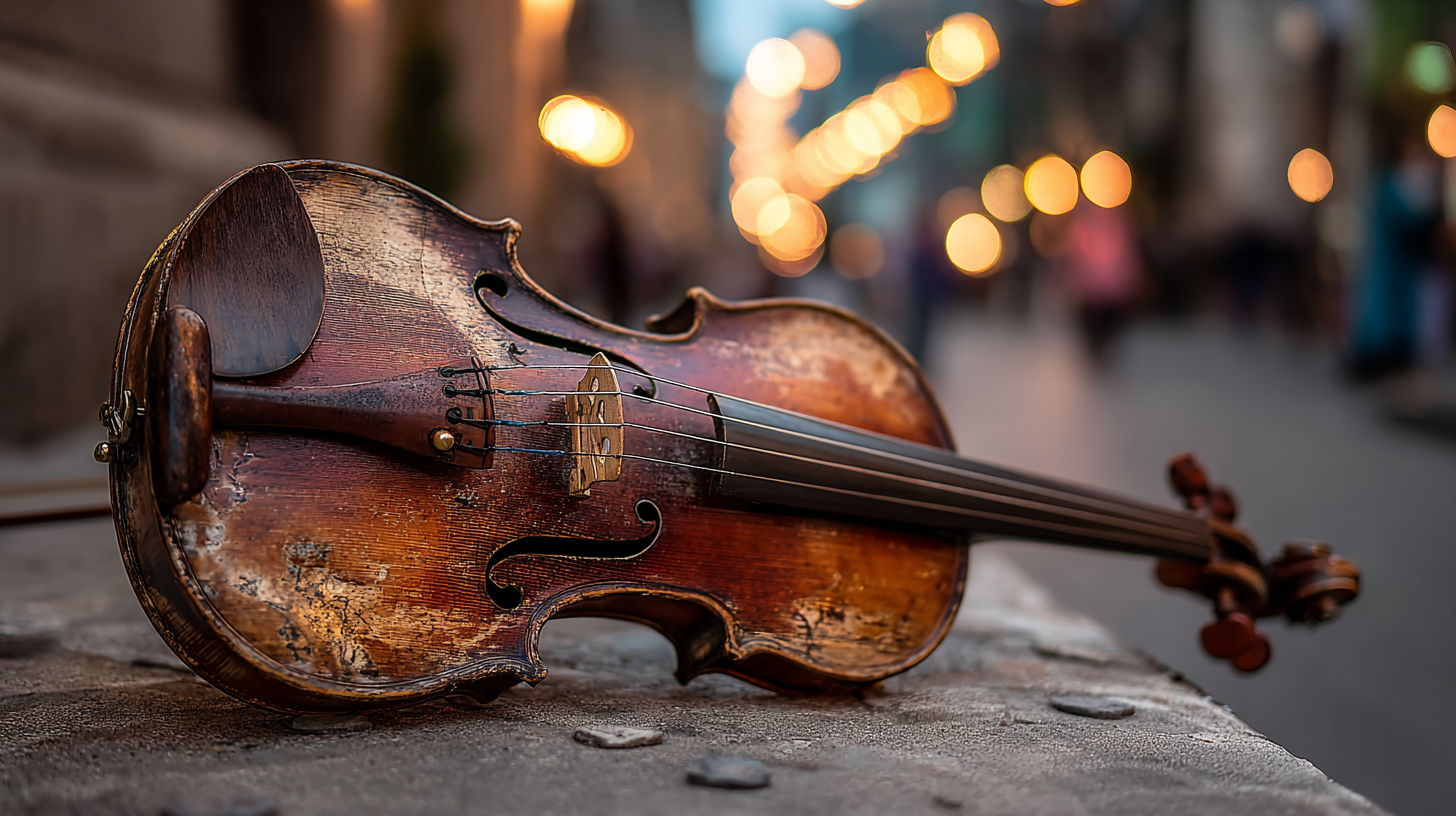 Close-up of a violin resting in an Italian street setting.