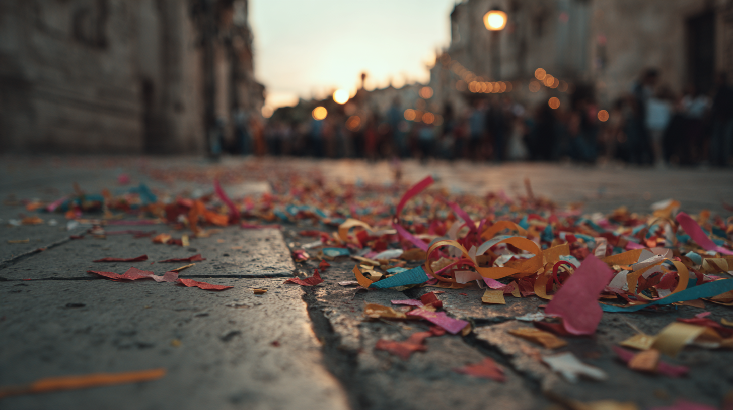 Confetti-covered Italian street after a festival.