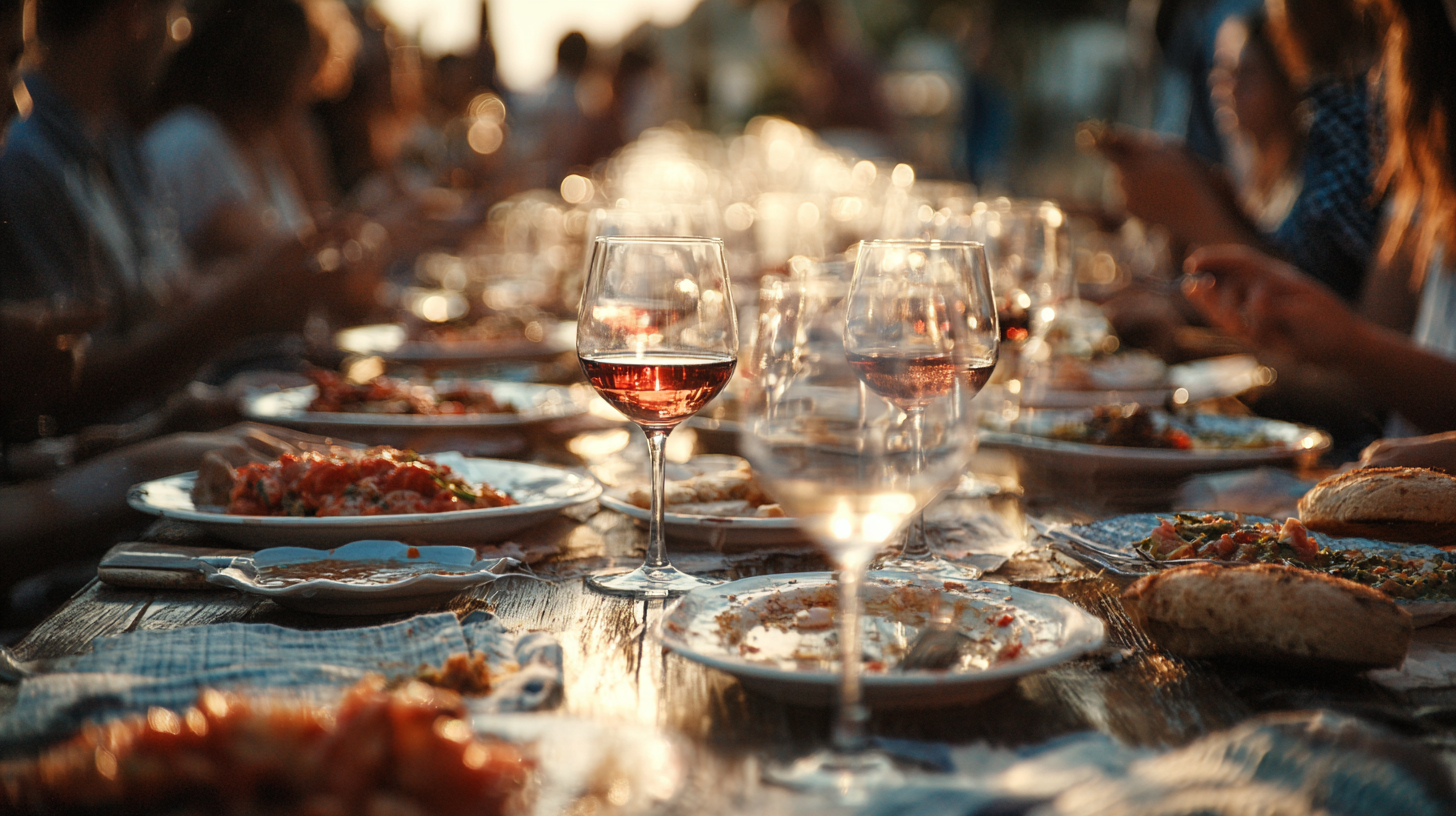 Shared Italian table with plates and glasses after a meal.