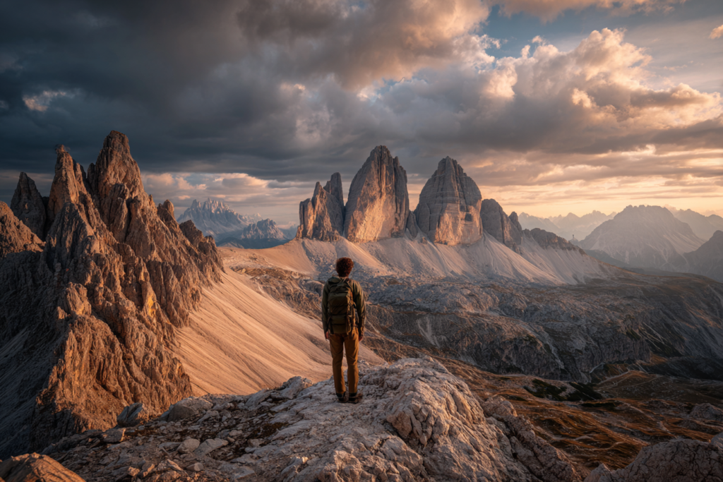 The Ultimate Italy Outdoor Adventure Guide: Hiker viewing Tre Cime di Lavaredo in the Dolomites.