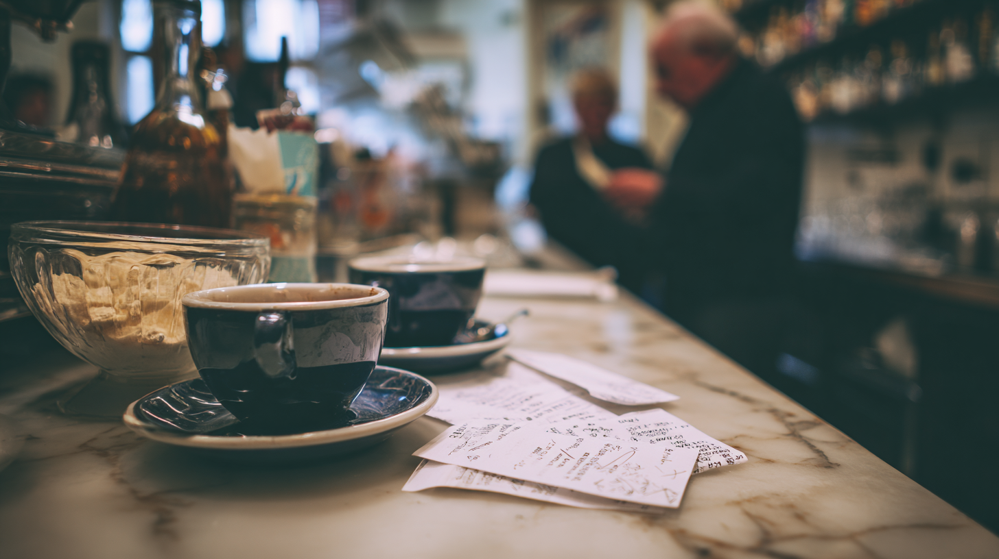 Close-up of an Italian bar counter with quiet conversation behind.
