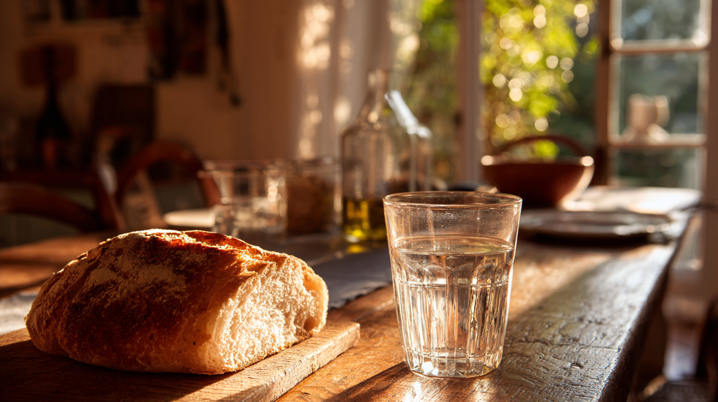 Close-up of a simple Italian meal table in warm light.
