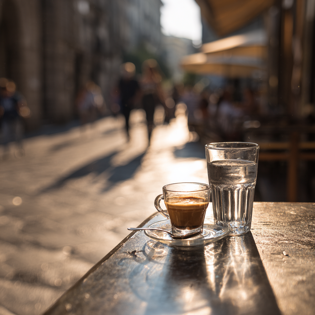 Close-up of a quiet Italian café table at golden hour.