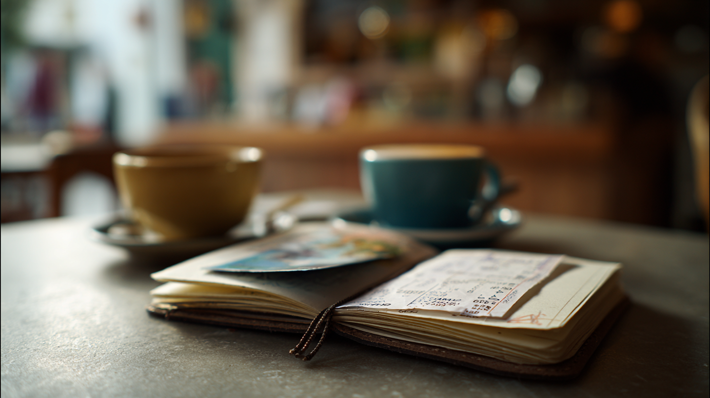 Close-up of a notebook and train ticket on an Italian café table.