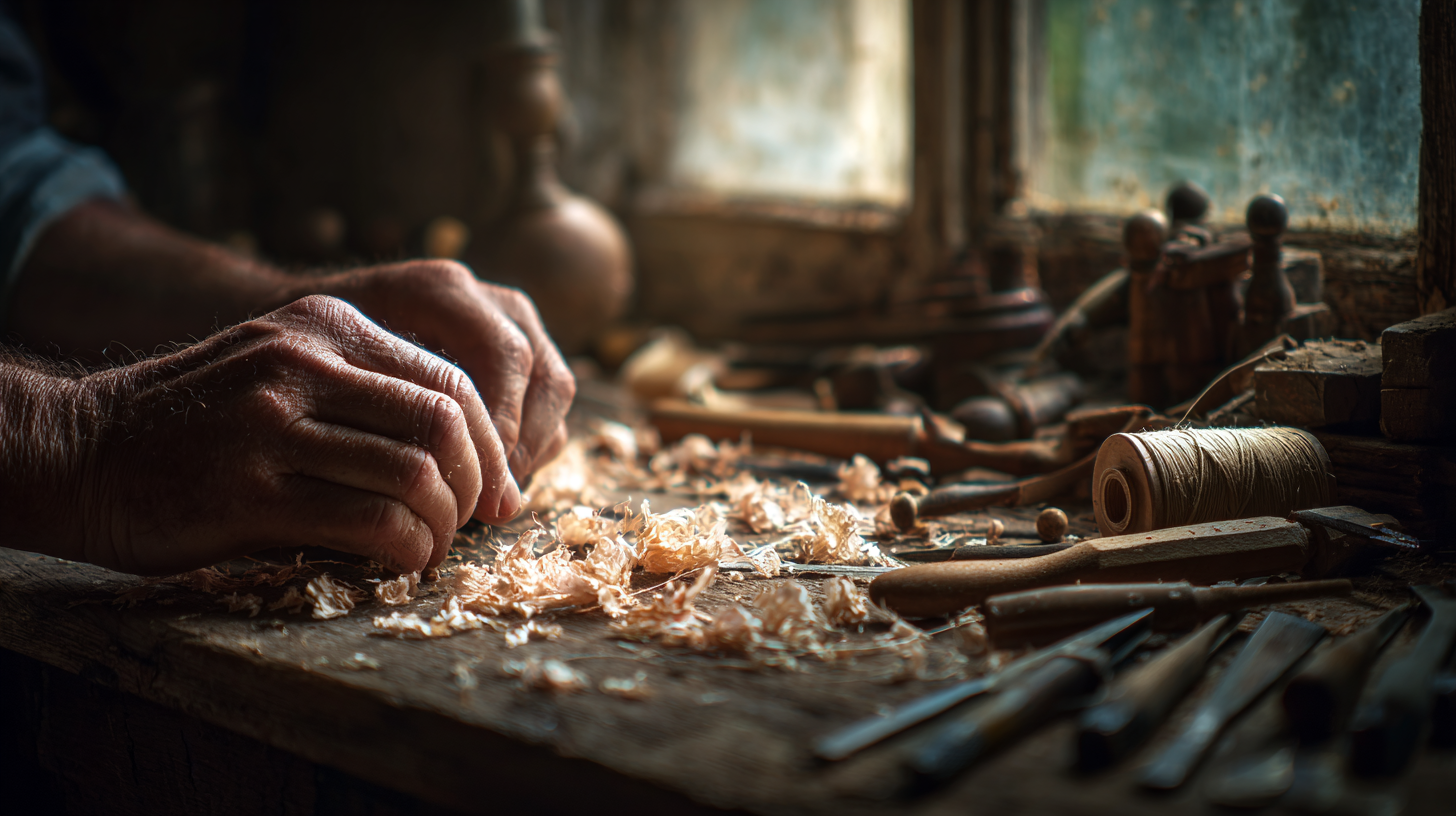 Close-up of Italian artisan tools in warm workshop light.