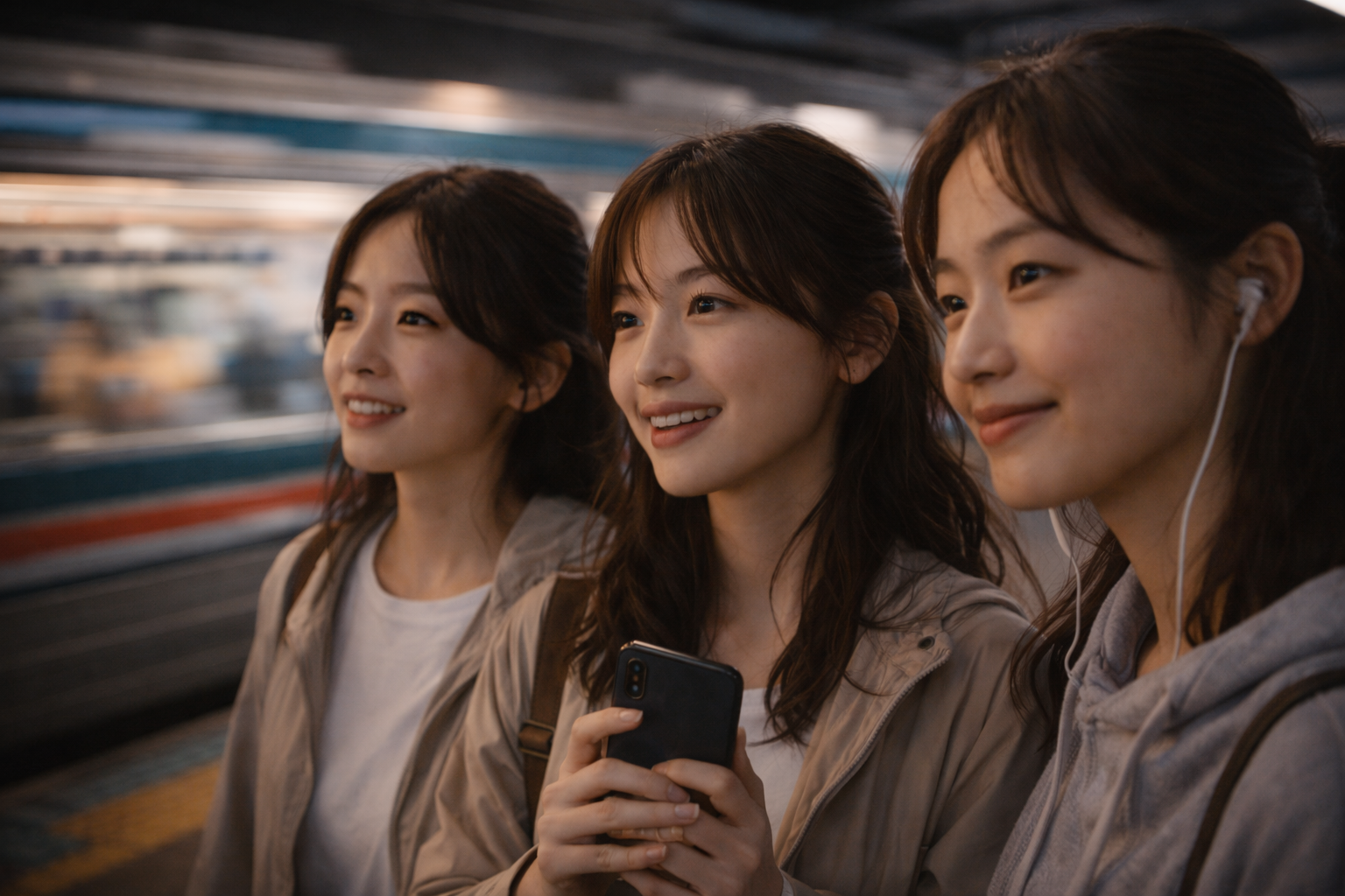 Close-up of friends in a subway station with motion blur behind.