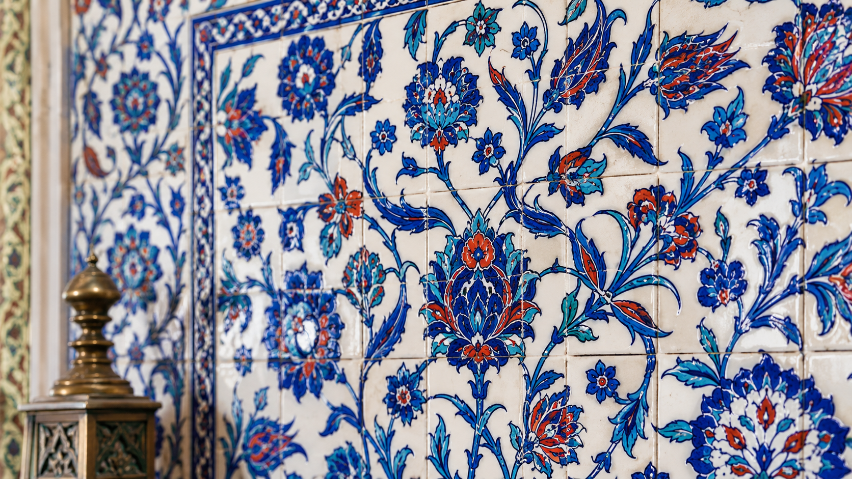 Turkish crafts and arts: Iznik ceramic tiles with blue, turquoise, red, and white Ottoman floral patterns