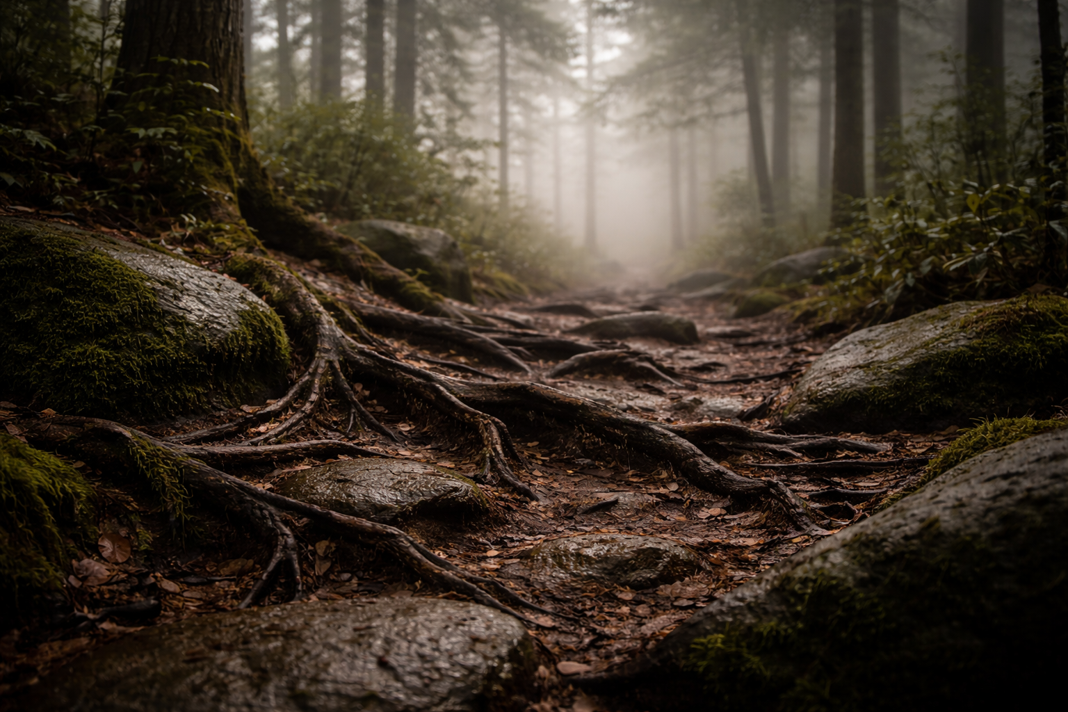 Mossy forest trail with fog in a deep Korean national park.