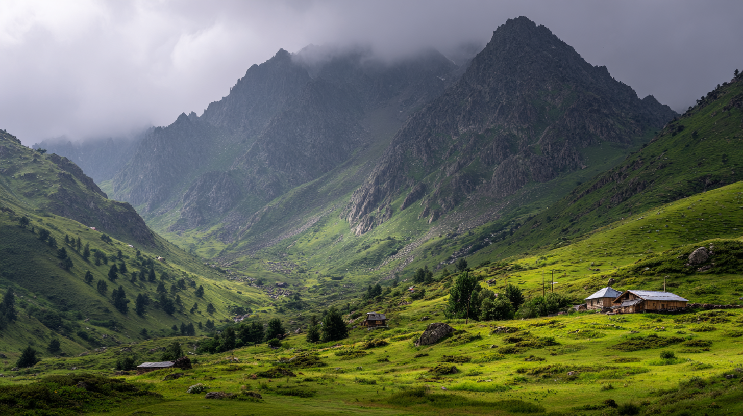 Natural wonders of Turkey: Kaçkar Mountains with green alpine pastures, misty valleys, and wooden highland houses