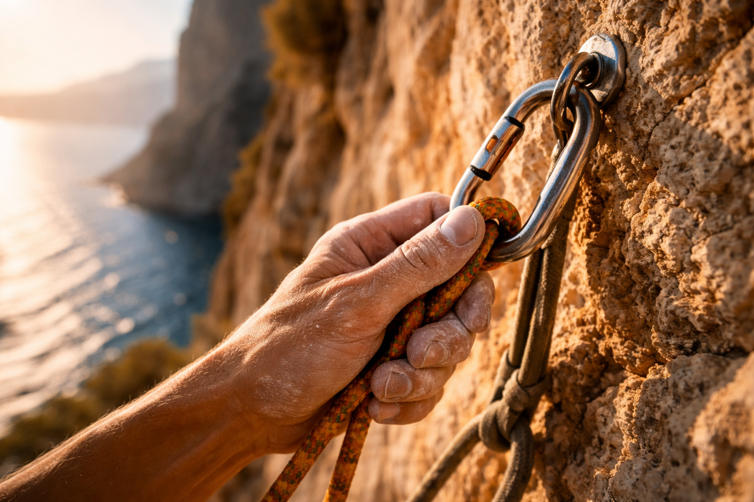 Chalked fingers clipping into warm limestone above the sea in Kalymnos.