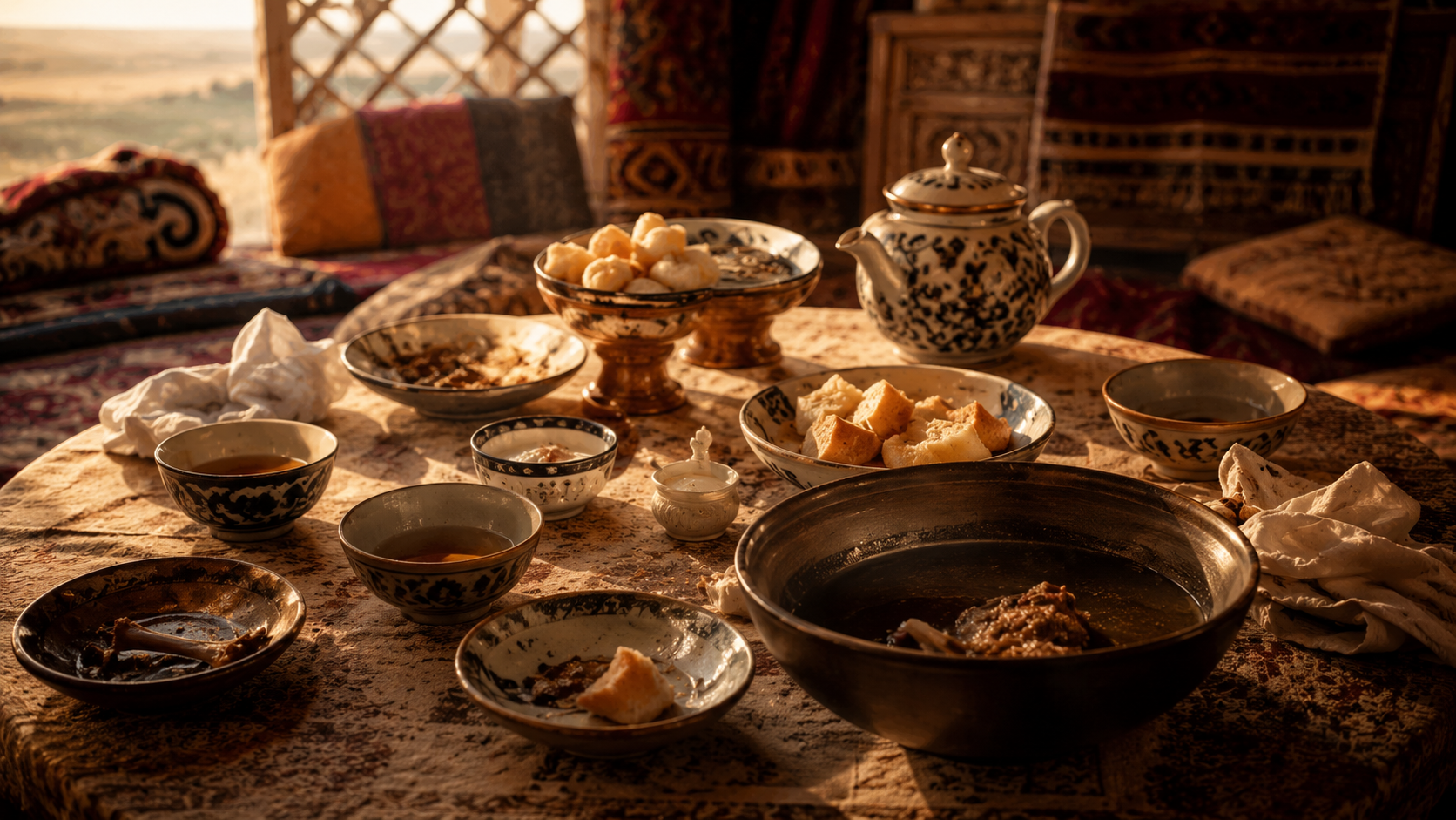 Kazakh cuisine: End of a warm Kazakh meal with tea bowls, baursak crumbs, and soft evening light.