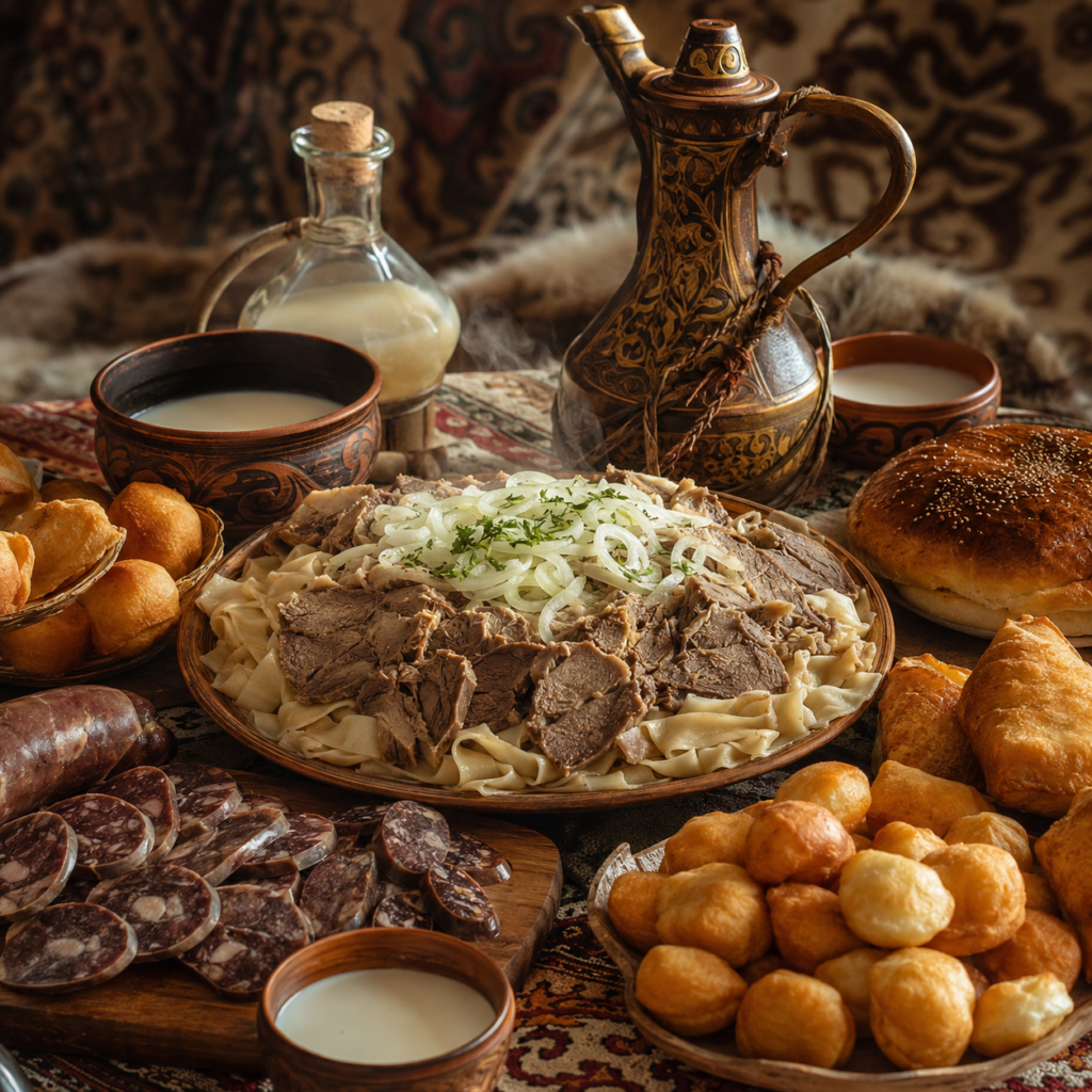 Generous Kazakh table with beshbarmak, baursak, kazy, tea, and traditional dishes.