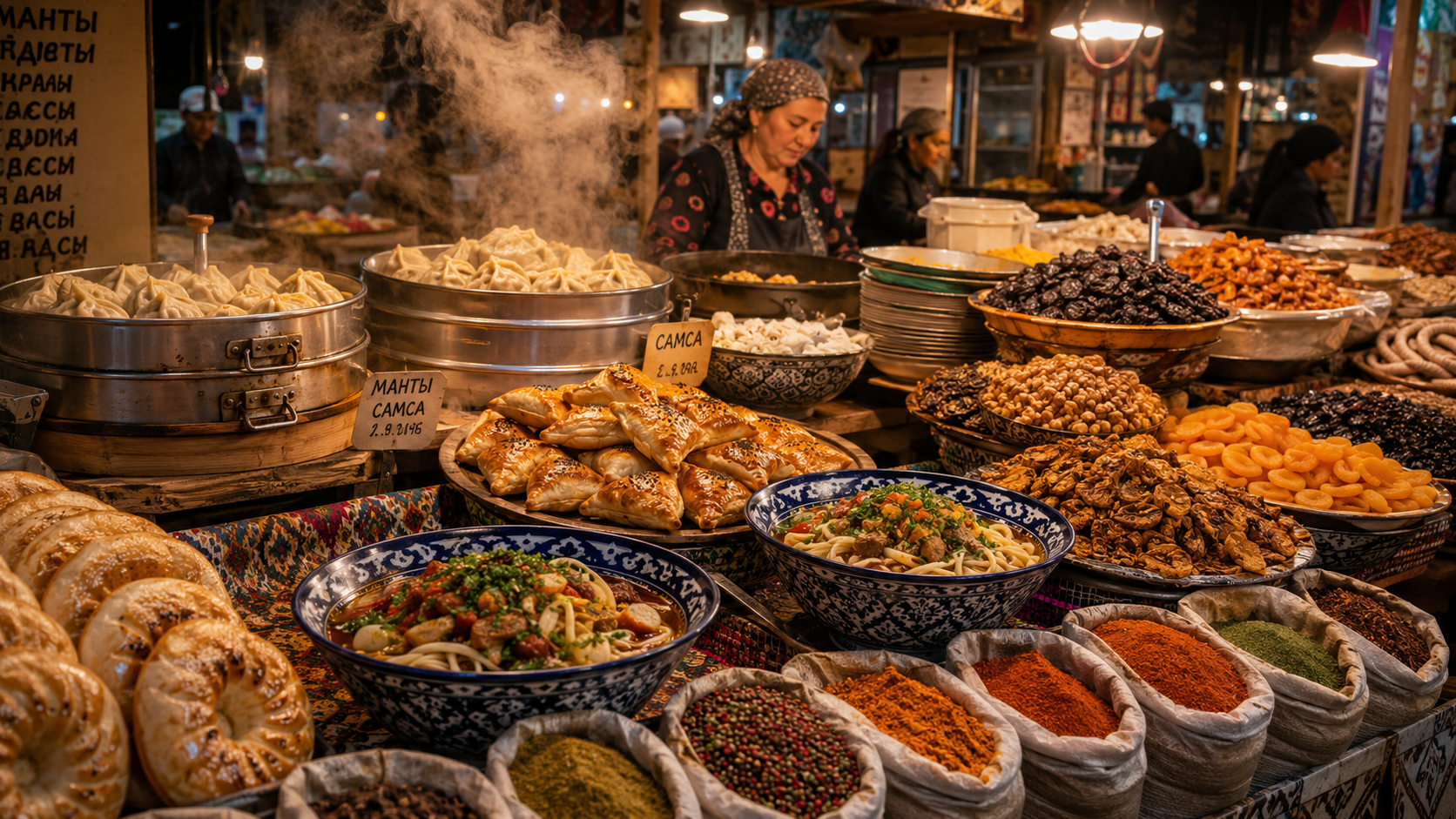 Central Asian market in Kazakhstan with manty, lagman, samsa, spices, and dried fruits.