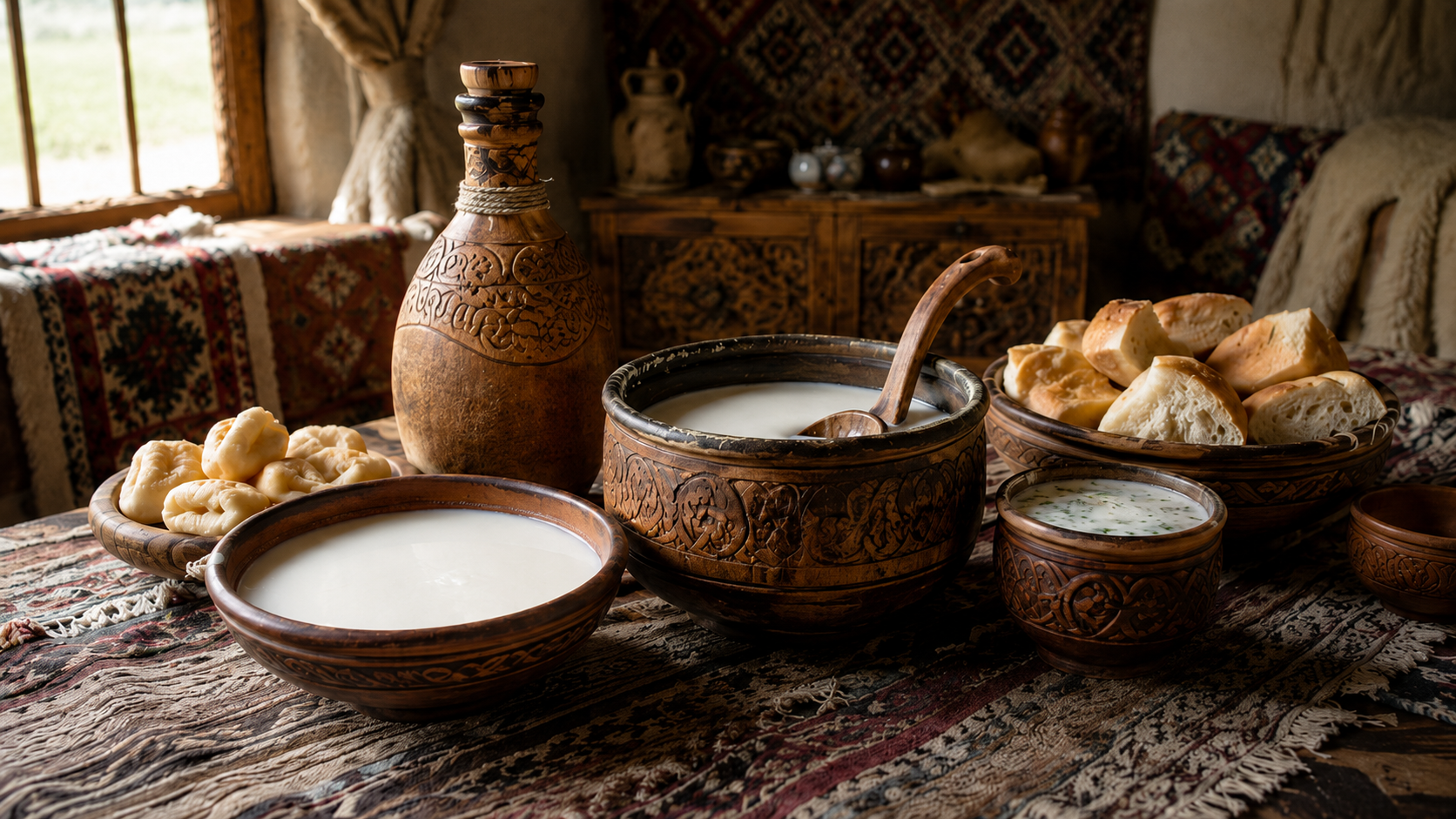 Traditional Kazakh fermented dairy drinks served with bread on a rustic table.
