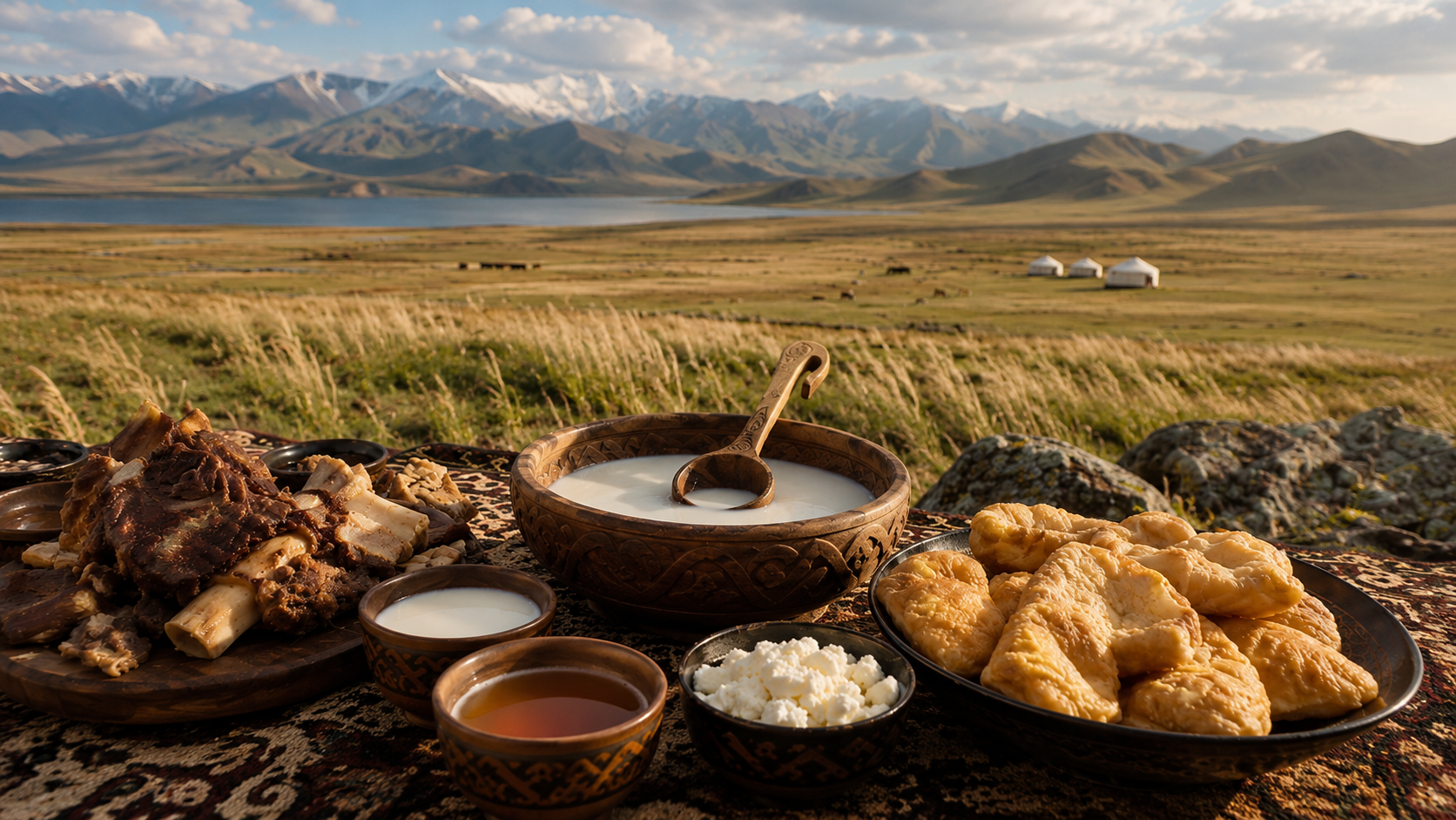 Kazakh meal near open steppe and distant mountains showing food connected to landscape.