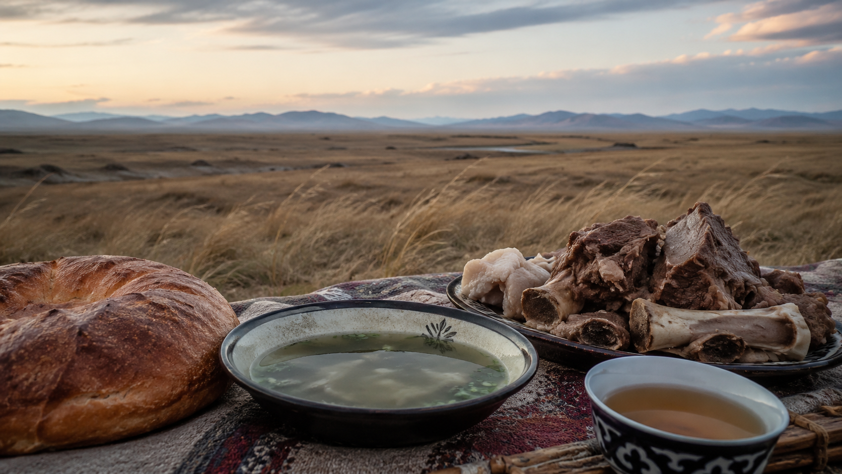 Traditional Kazakh food near the open steppe showing the connection between food and landscape.