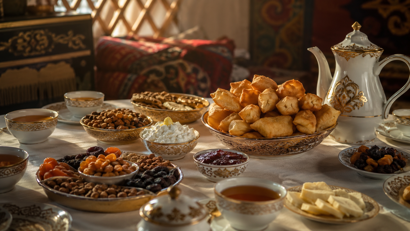 Kazakh tea table with baursak, dried fruit, nuts, cream, and jam.