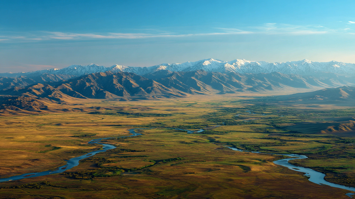 Protected Kazakhstan reserve landscape connecting mountains, steppe, and wetlands.