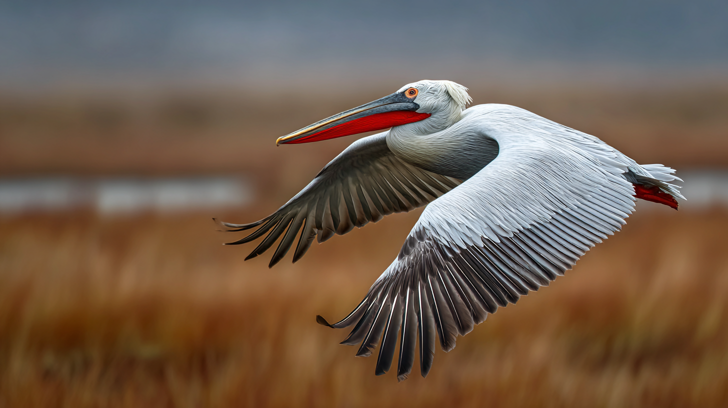 Dalmatian pelican gliding over a wetland lake in Kazakhstan.