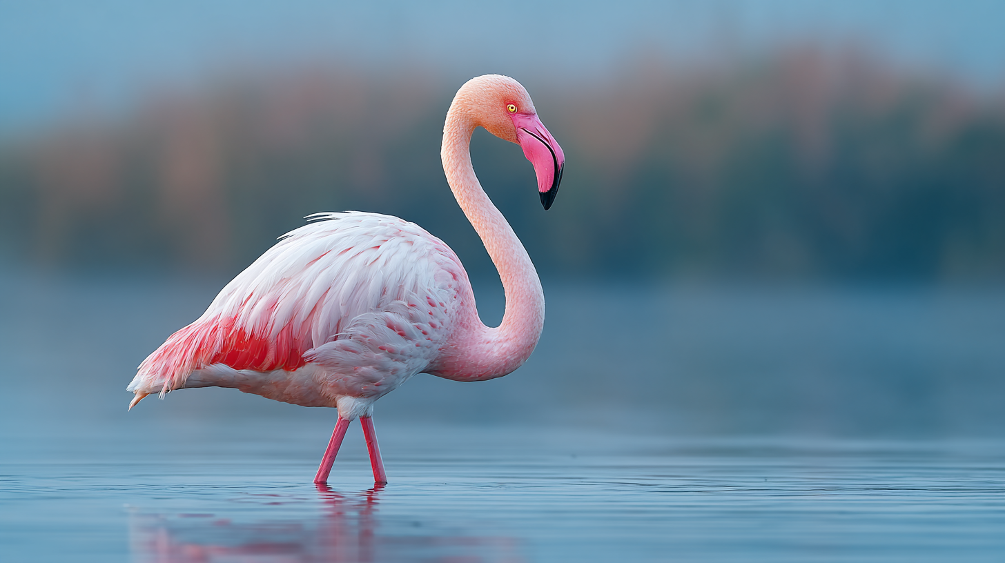 Kazakhstan wildlife: Flamingos standing in shallow Korgalzhyn wetland water in Kazakhstan.